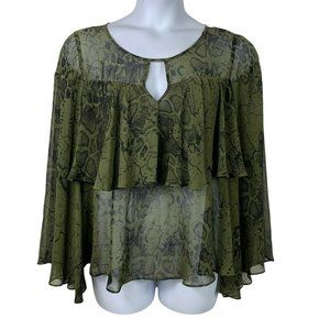 Jennifer Lopez Large Blouse Animal Print Semi Sheer Green Long Bell Sleeve Shirt